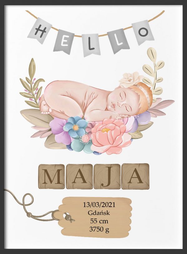 Plakat metryczka urodzenia dla dziewczynki
