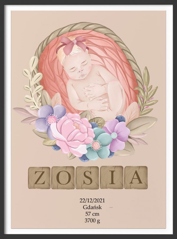 Plakat metryczka urodzenia dla dziewczynki
